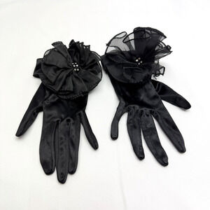 Vintage Black Gloves Satin Nylon Tulle Ruffle Cuff With Rhinestones S/M USA